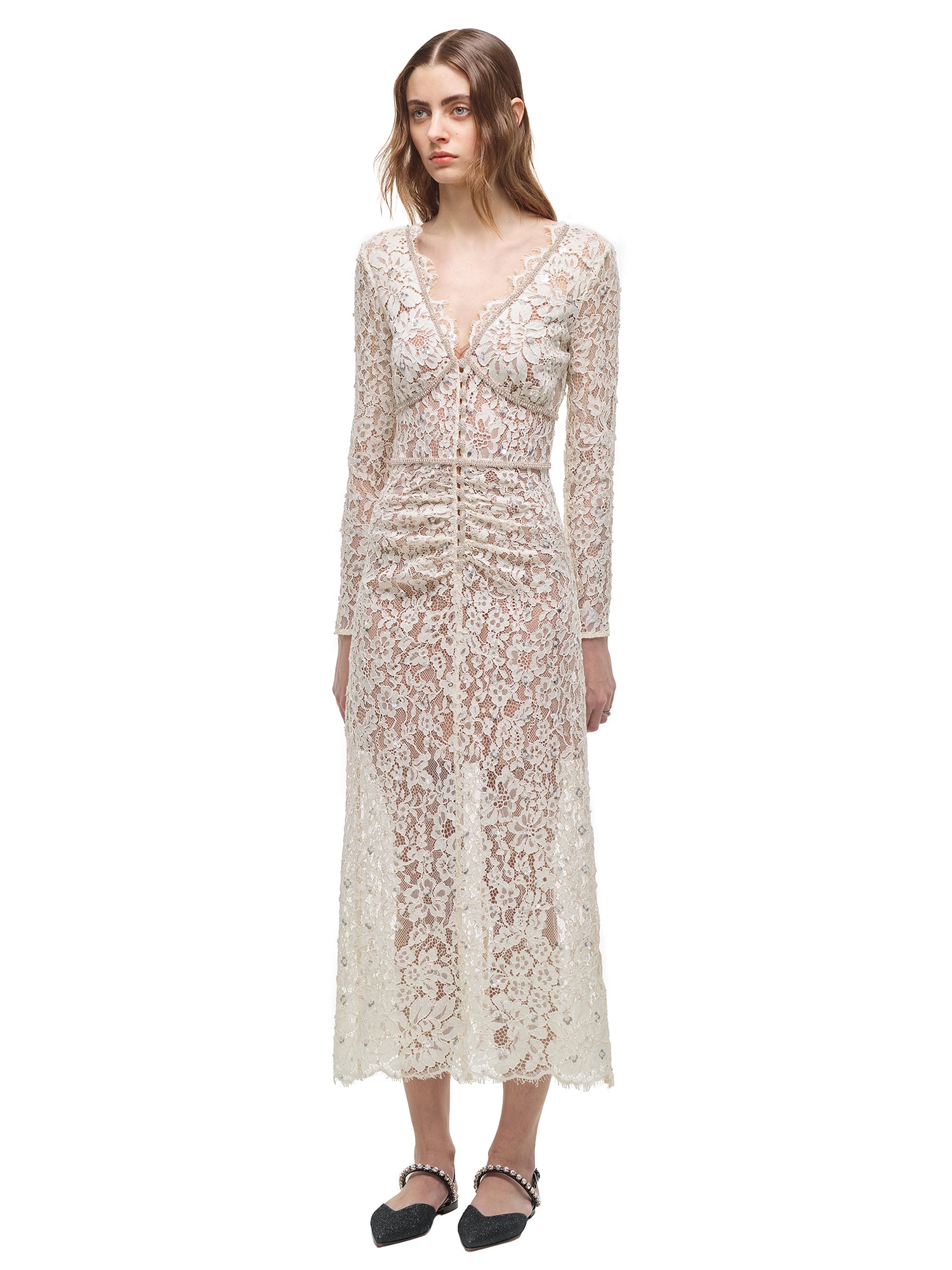 Cream Embellished Cord Lace Midi Dress ...